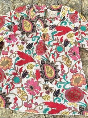 Peek Floral Cotton Girls Tunic in Cream, Pink, Teal and Brown. Size 12
